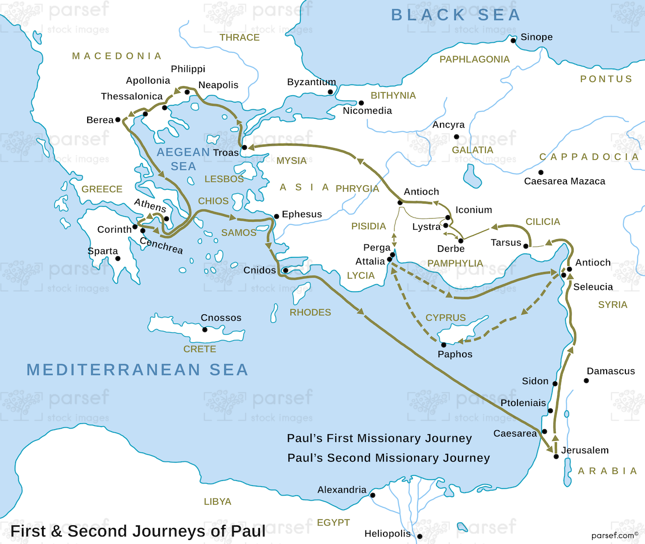 Acts First and Second Journeys of Paul Map bible map